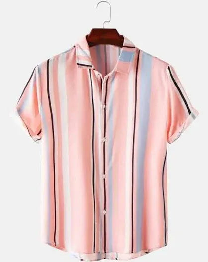 Mentifys Men's Premium Pink Vertical Stripe Cuban Collar Casual Half Sleeve Shirt