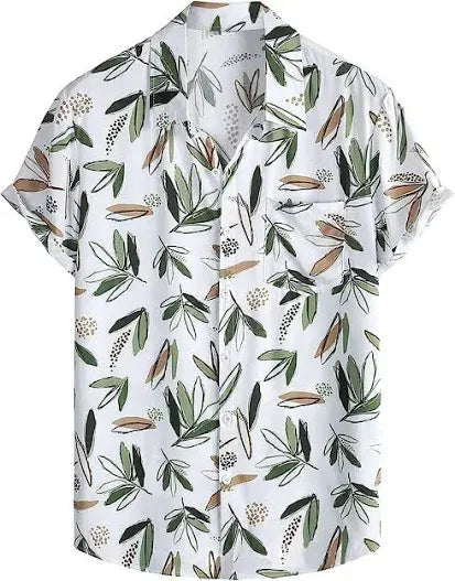 Mentifys Men's Premium White Leaf Print Cuban Collar Casual Half Sleeve Shirt