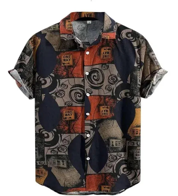 Mentifys Men's Premium Abstract Geometric Printed Cuban Collar Casual Half Sleeve Shirt