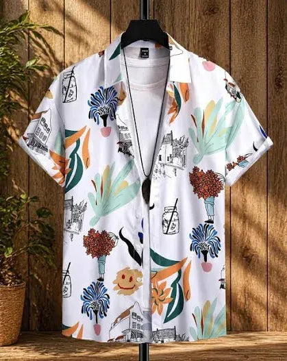 Mentifys Men's Premium White Tropical Floral Printed Cuban Collar Casual Half Sleeve Shirt
