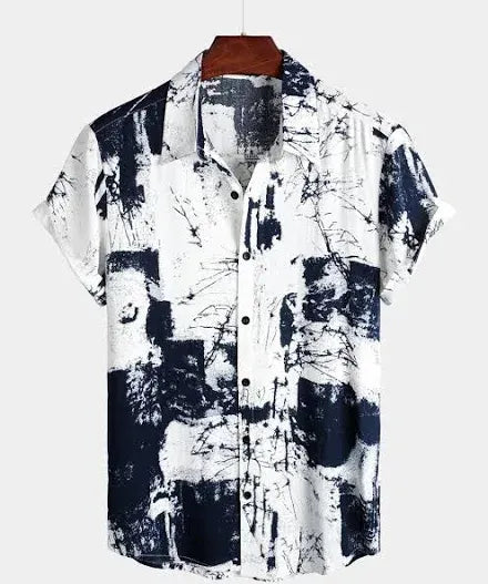 Mentifys Men's Premium Black & White Abstract Printed Cuban Collar Casual Half Sleeve Shirt
