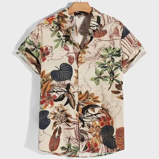 Mentifys Men's Premium Beige Tropical Botanical Printed Cuban Collar Casual Half Sleeve Shirt