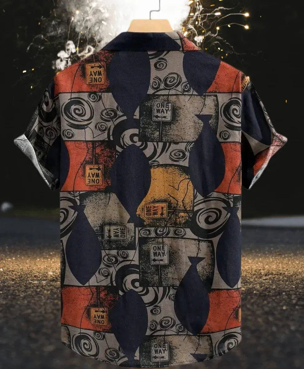 Mentifys Men's Premium Abstract Geometric Printed Cuban Collar Casual Half Sleeve Shirt